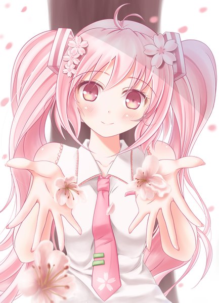 Anime picture 914x1267 with vocaloid hatsune miku sakura miku minamixdrops single long hair tall image blush smile twintails holding pink hair upper body ahoge head tilt pink eyes hair flower outstretched arm happy outstretched hand