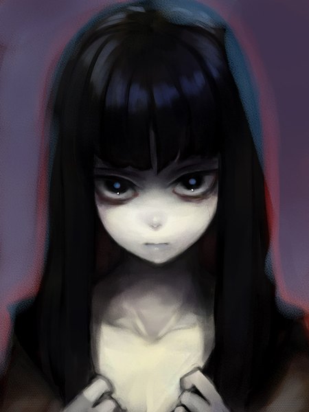 Anime picture 1350x1800 with original hama2224 single tall image short hair black hair black eyes grey background portrait face pale skin girl