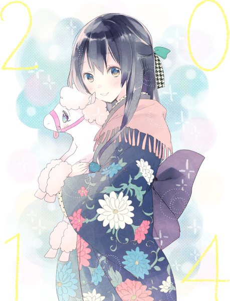 Anime picture 957x1250 with original horiizumi inko single long hair tall image looking at viewer blush black hair smile traditional clothes japanese clothes black eyes floral print half updo new year 2014 girl ribbon (ribbons) hair ribbon animal
