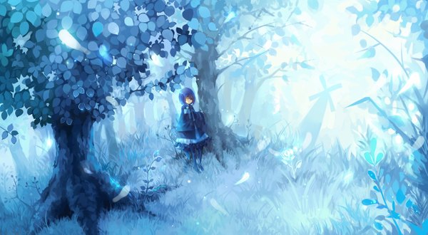 Anime picture 1300x716 with pause original dhiea wide image blue hair nature girl dress plant (plants) tree (trees) grass forest windmill