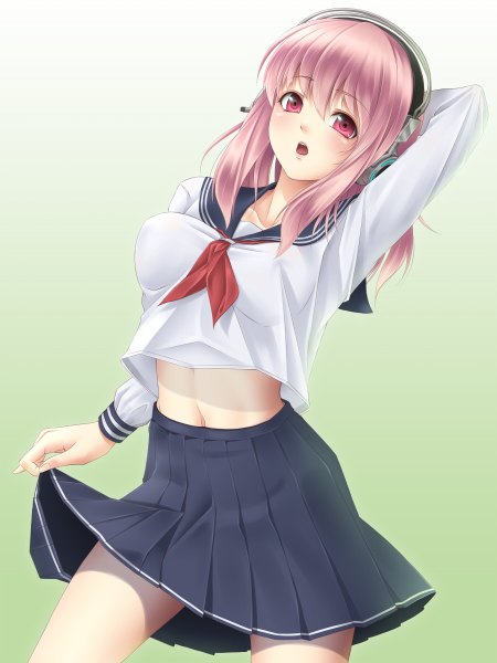 Anime picture 900x1200 with nitroplus super sonico mochi.f single tall image short hair open mouth light erotic pink hair pink eyes girl serafuku headphones sailor suit