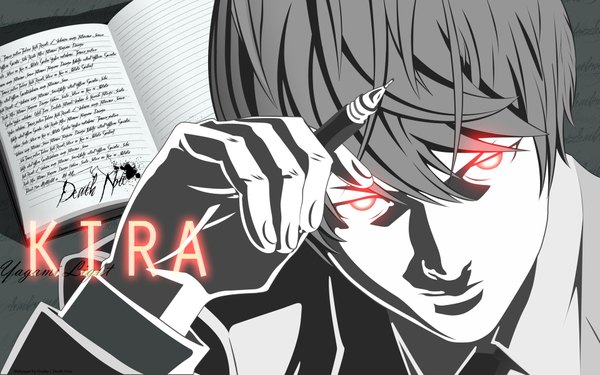 Anime picture 1920x1200 with death note madhouse yagami light highres short hair wide image grey hair glowing monochrome face glowing eye (eyes) pen notebook
