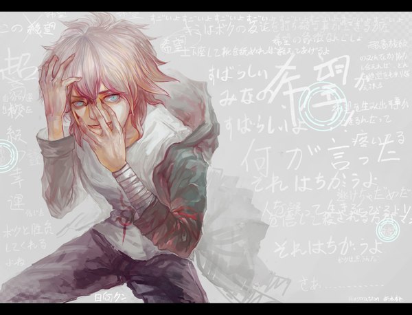 Anime picture 3508x2679 with dangan ronpa komaeda nagito oreki genya single highres short hair blue eyes smile absurdres fingernails grey hair inscription text letterboxed hand on head long fingernails hand on face smirk crazy smile boy