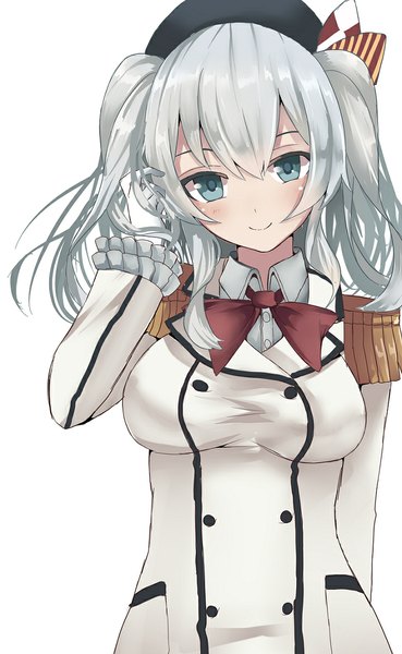 Anime picture 720x1170 with kantai collection kashima training cruiser tokoi single long hair tall image looking at viewer blush fringe breasts simple background smile white background twintails silver hair long sleeves aqua eyes adjusting hair girl gloves