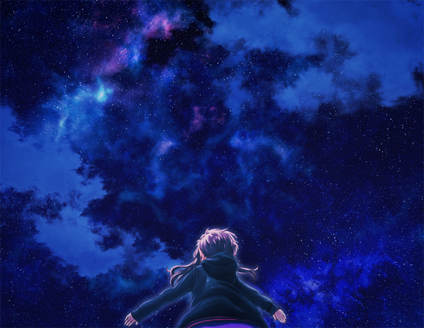Anime picture 1000x774 with vocaloid voiceroid yuzuki yukari mocha (cotton) single long hair purple hair cloud (clouds) from behind night night sky spread arms girl hood star (stars) hoodie
