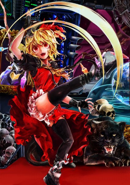 Anime picture 3507x4960 with touhou flandre scarlet poyan noken tall image looking at viewer highres short hair open mouth blonde hair red eyes absurdres teeth fang (fangs) legs girl thighhighs dress gloves black thighhighs animal