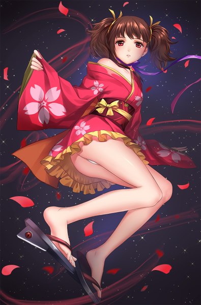 Anime picture 1000x1517 with koutetsujou no kabaneri wit studio mumei (kabaneri) moyu single tall image looking at viewer blush short hair light erotic red eyes brown hair twintails traditional clothes japanese clothes pantyshot short twintails dark background revision girl