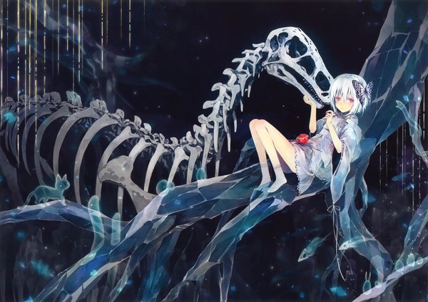 Anime picture 3300x2333 with original eshi 100-nin ten takano otohiko single looking at viewer highres short hair absurdres white hair lying traditional clothes japanese clothes scan wide sleeves on back no shoes ghost skeleton girl hair ornament