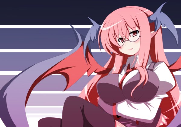Anime picture 1771x1254 with touhou koakuma oborotsuki kakeru single long hair highres breasts light erotic red eyes large breasts red hair girl dress wings glasses