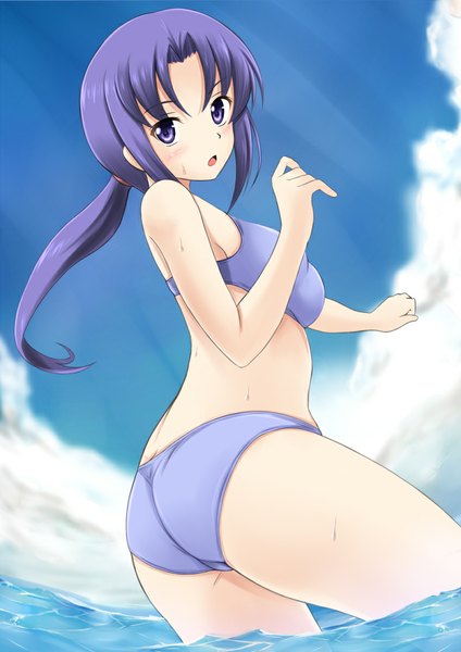 Anime picture 800x1131 with precure happinesscharge precure! toei animation hikawa iona fuuma nagi single long hair tall image looking at viewer blush open mouth light erotic purple eyes bare shoulders sky purple hair cloud (clouds) ass ponytail looking back