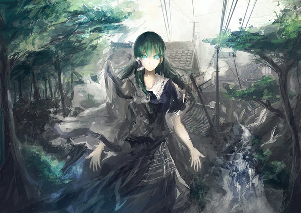Anime picture 1173x829 with touhou kochiya sanae arufa (hourai-sugar) single long hair looking at viewer blue eyes green hair girl dress plant (plants) tree (trees) hair tubes wire (wires) house