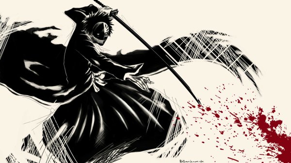 Anime picture 1280x720 with bleach studio pierrot kurosaki ichigo zangetsu single short hair black hair simple background wide image torn clothes bankai boy sword blood cloak mask splashes robe