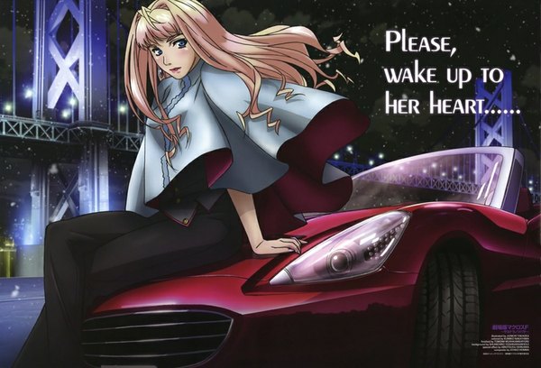 Anime picture 1000x680 with macross macross frontier sheryl nome single long hair blush fringe blue eyes blonde hair looking away sky cloud (clouds) lips scan night crossed legs girl dress star (stars) ground vehicle