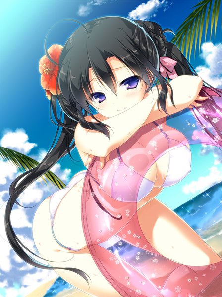 Anime picture 800x1070 with original shouna mitsuishi single long hair tall image looking at viewer breasts light erotic black hair large breasts purple eyes twintails sky cloud (clouds) hair flower girl hair ornament flower (flowers) swimsuit bikini