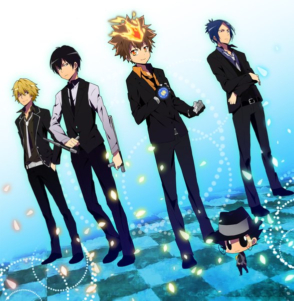 Anime picture 880x900 with katekyou hitman reborn sawada tsunayoshi hibari kyouya rokudo mukuro reborn dino cavallone danemaru tall image fringe short hair black hair blonde hair hair between eyes brown hair blue hair looking away light smile black eyes multiple boys orange eyes