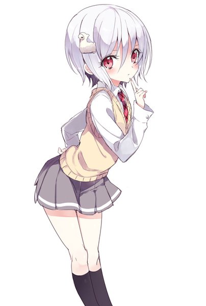 Anime picture 600x891 with noucome yukihira furano yukiwo single tall image fringe short hair simple background hair between eyes red eyes white background looking away silver hair from above hand on hip finger to mouth girl uniform school uniform socks