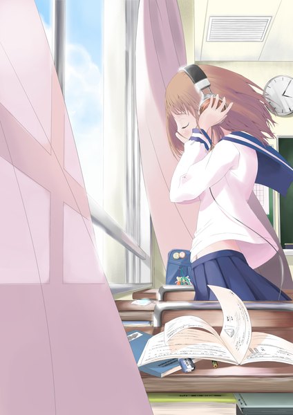Anime picture 1447x2046 with original nomi single tall image short hair brown hair eyes closed girl serafuku window headphones desk