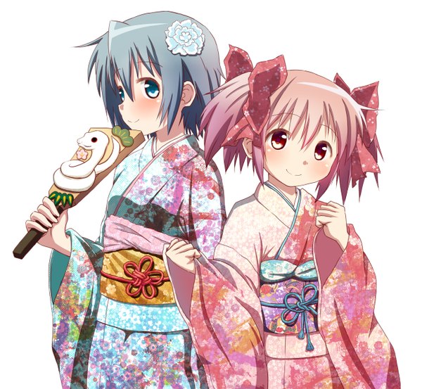 Anime picture 1300x1200 with mahou shoujo madoka magica shaft (studio) kaname madoka miki sayaka gonzaburou (tomatokuroneko) looking at viewer blush short hair blue eyes simple background smile red eyes white background twintails multiple girls blue hair pink hair traditional clothes japanese clothes hair flower