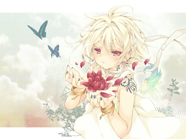 Anime picture 1053x791 with original 96mame single short hair red eyes bare shoulders white hair tattoo girl flower (flowers) petals bracelet insect butterfly bandage (bandages) sundress
