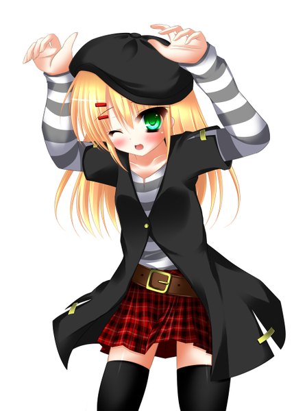 Anime picture 1000x1399 with original wreathlit69 long hair tall image blush open mouth blonde hair simple background white background green eyes one eye closed wink zettai ryouiki girl thighhighs skirt black thighhighs miniskirt beret