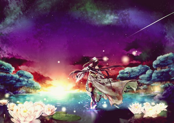Anime picture 3000x2124 with original keishi single long hair highres sky cloud (clouds) japanese clothes hair flower back landscape shooting star morning sunrise girl hair ornament flower (flowers) plant (plants) tree (trees) water