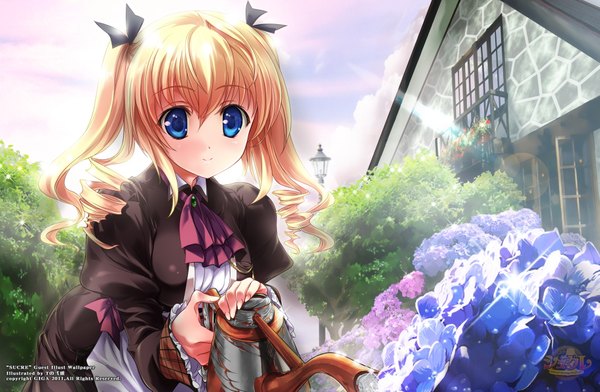 Anime picture 1831x1199 with sucre amakawa chizuru long hair highres blue eyes blonde hair twintails girl flower (flowers) neckerchief house