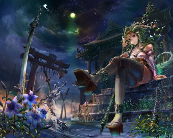 Anime picture 1300x1044 with original inz (pixiv) single long hair sitting brown eyes sky green hair night fantasy ruins girl thighhighs flower (flowers) weapon plant (plants) sword water socks katana