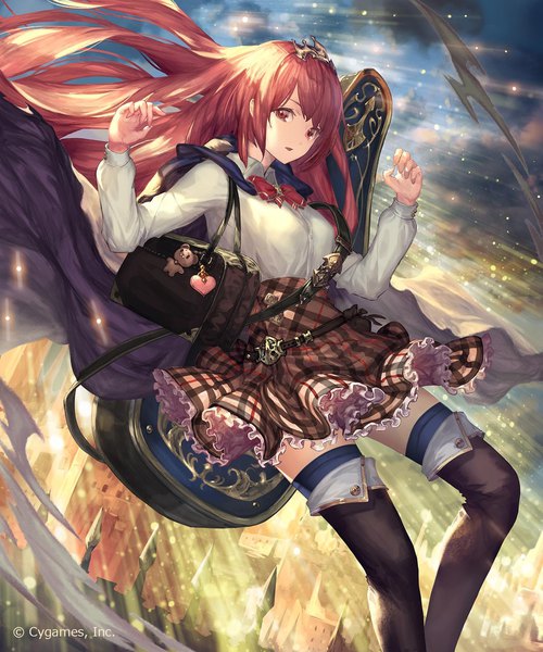Anime picture 1417x1700 with shingeki no bahamut henriette (shingeki no bahamut) tachikawa mushimaro (bimo) single long hair tall image looking at viewer fringe brown eyes payot bent knee (knees) red hair parted lips arms up zettai ryouiki floating hair light spread arms falling girl