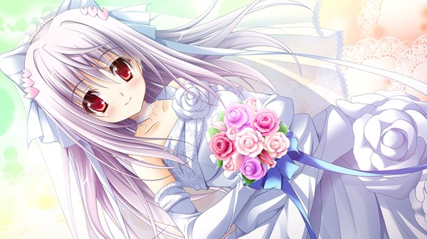 Anime picture 1280x720 with 3-nin iru! mibuno suzume suzui narumi single long hair looking at viewer blush smile red eyes wide image game cg silver hair girl dress gloves hair ornament flower (flowers) elbow gloves bouquet wedding dress