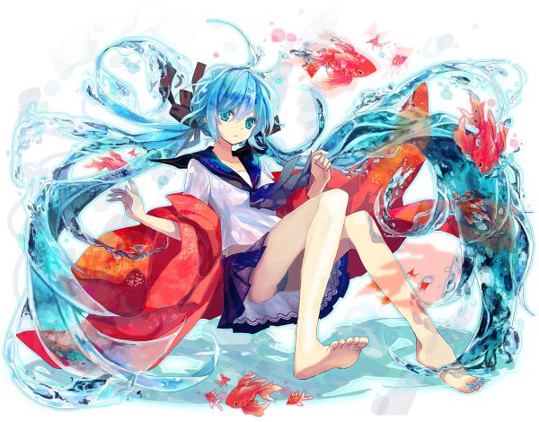 Anime picture 1200x940 with vocaloid hatsune miku bottle miku t miyanagi single long hair blue eyes light erotic twintails blue hair barefoot legs pantyshot sitting liquid hair girl skirt underwear panties miniskirt serafuku