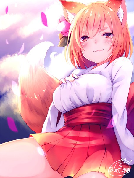 Anime picture 1512x2000 with original chita (ketchup) single tall image looking at viewer blush fringe short hair breasts light erotic smile hair between eyes red eyes large breasts sitting signed animal ears sky cloud (clouds) tail