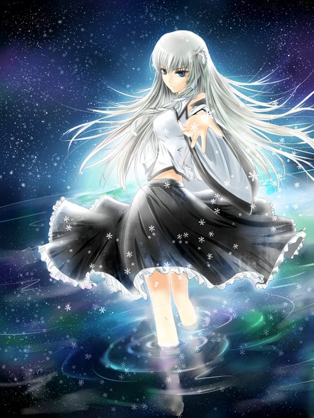 Anime picture 2400x3200 with original clouble single long hair tall image looking at viewer highres blue eyes silver hair night girl dress water