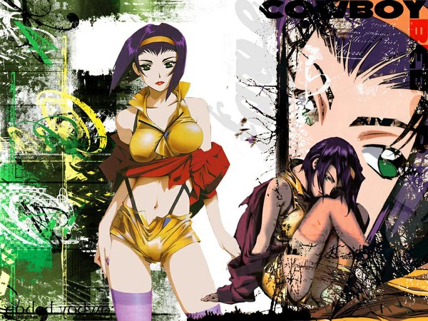 Anime picture 1024x768 with cowboy bebop sunrise (studio) faye valentine short hair breasts large breasts sitting green eyes purple hair lips wallpaper girl thighhighs navel shorts hairband