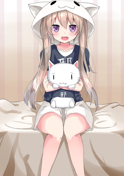 Anime picture 778x1100 with ao no kanata no four rhythm sprite (company) arisaka mashiro hamaru (s5625t) single long hair tall image looking at viewer blush fringe open mouth blonde hair sitting purple eyes twintails holding animal ears bent knee (knees) cat ears teeth