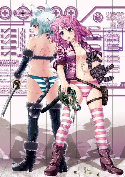 Anime picture 1254x1770 with yume robo (artist) tall image short hair breasts light erotic red eyes purple eyes multiple girls animal ears pink hair white hair cat ears cat tail girl thighhighs underwear panties weapon 2 girls sword