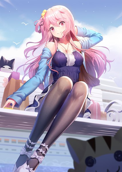 Anime picture 852x1200 with original emily stock ririko (zhuoyandesailaer) single long hair tall image blush fringe breasts smile hair between eyes sitting bare shoulders pink hair sky cleavage cloud (clouds) outdoors parted lips head tilt