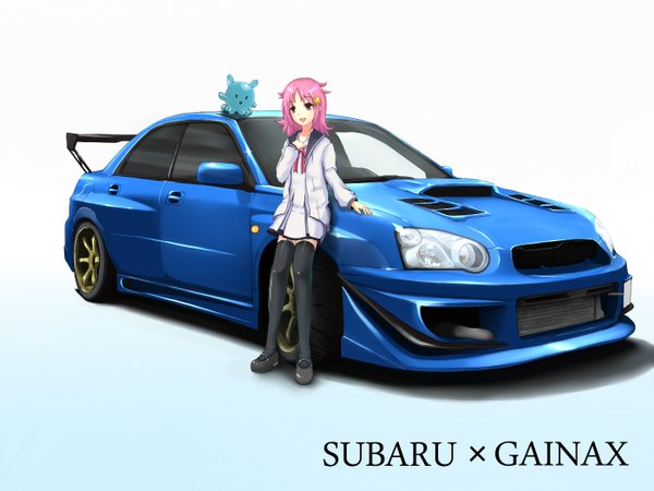 Anime picture 1400x1050 with houkago no pleiades subaru (brand) subaru (houkago no pleiades) yakuto007 short hair simple background red eyes pink hair girl thighhighs black thighhighs ground vehicle car