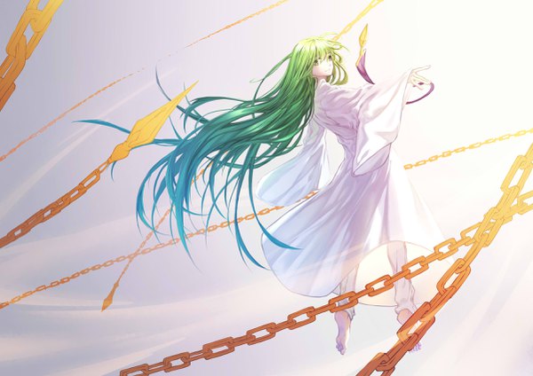 Anime picture 2403x1700 with fate (series) fate/grand order fate/strange fake enkidu (fate) arsh single looking at viewer fringe highres smile hair between eyes green eyes full body very long hair looking back multicolored hair barefoot green hair aqua hair from below