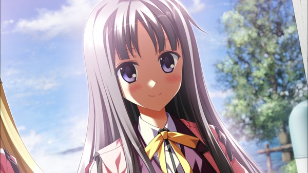Anime picture 1278x718 with supipara nanao naru long hair blush black hair smile wide image purple eyes game cg girl uniform school uniform