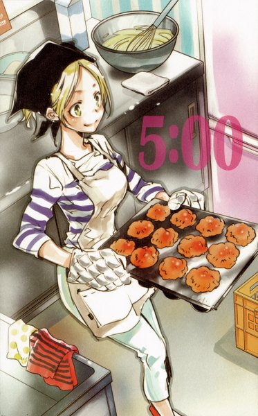 Anime picture 1730x2780 with rebo to dlive (artbook) mimi (eldlive) amano akira single tall image highres short hair blonde hair smile green eyes ponytail scan official art shadow striped walking girl gloves food apron