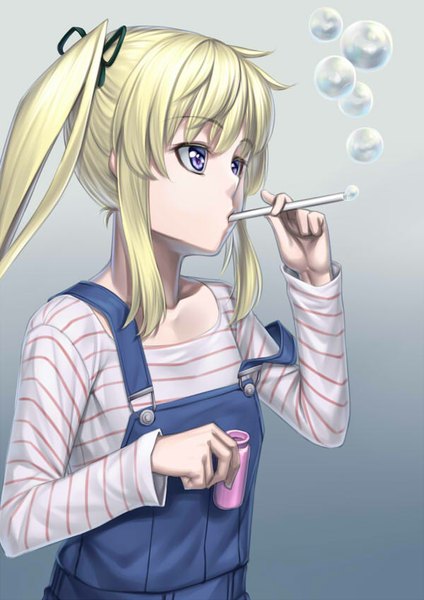 Anime picture 600x848 with original h kasei single long hair tall image fringe simple background blonde hair purple eyes looking away ponytail grey background side ponytail bubble blowing girl bubble (bubbles) overalls