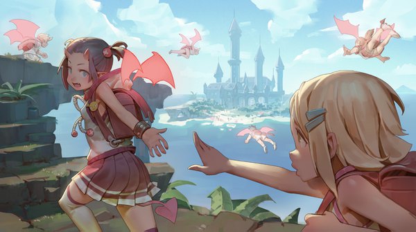 Anime picture 1400x783 with original hks (timbougami) long hair short hair blue eyes blonde hair brown hair wide image twintails multiple girls sky outdoors tail pleated skirt looking back horn (horns) multiple boys beach turning head short twintails