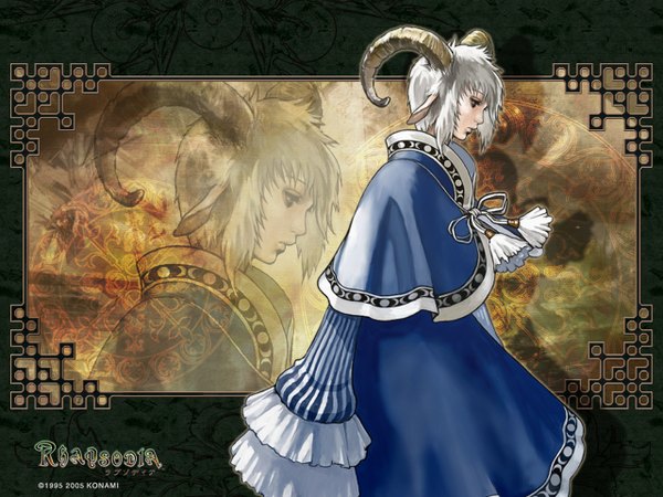 Anime picture 1280x960 with genso suikoden tactics yohn white hair traditional clothes horn (horns) zoom layer sad girl dress fur blue dress