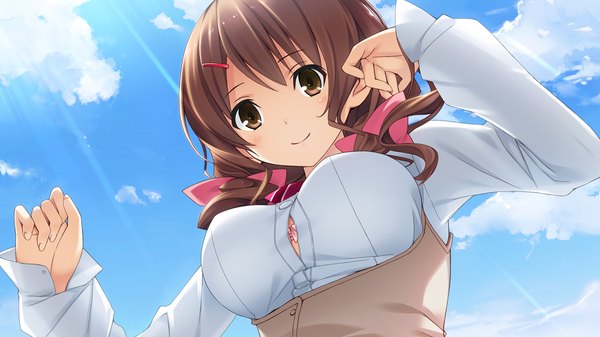 Anime picture 1280x720 with hotch kiss giga mikage shizuku mikoto akemi long hair smile brown hair wide image brown eyes game cg cloud (clouds) girl bow hair bow shirt