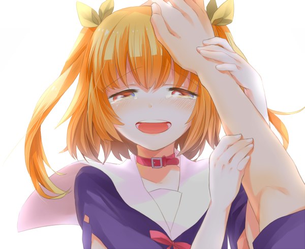 Anime picture 1375x1125 with ore no kanojo to osananajimi ga shuraba sugiru a-1 pictures harusaki chiwa kururi blush short hair open mouth orange hair orange eyes two side up tears girl uniform school uniform collar