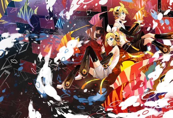 Anime picture 1453x1000 with vocaloid kagamine rin kagamine len brownque (artist) short hair blue eyes blonde hair bare shoulders girl boy bow ribbon (ribbons) hair bow detached sleeves shorts headphones bubble (bubbles) fish (fishes)