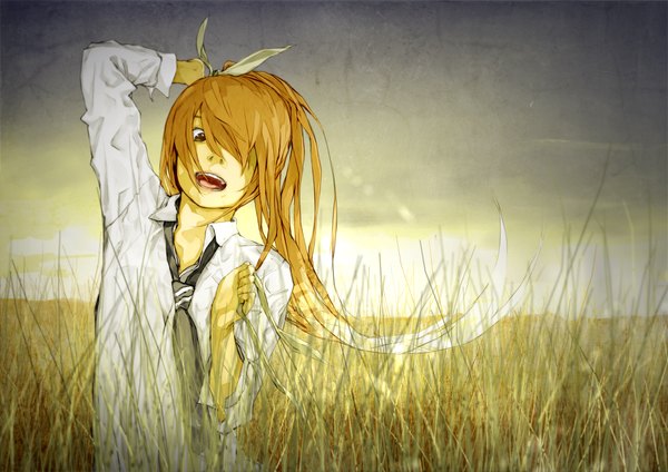 Anime picture 2000x1414 with original loundraw single long hair fringe highres open mouth brown eyes sky sunlight hair over one eye open collar field girl ribbon (ribbons) plant (plants) hair ribbon shirt necktie grass