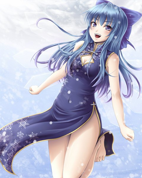 Anime picture 800x1000 with touhou cirno mochi.f single long hair tall image looking at viewer blush open mouth blue eyes blue hair legs snowing chinese clothes winter alternate hairstyle alternate hair length snowflake print girl bow