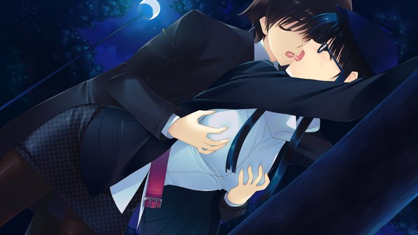 Anime picture 1280x720 with white album 2 touma kazusa long hair blush short hair light erotic black hair wide image game cg eyes closed night breast grab kiss girl boy glasses beret