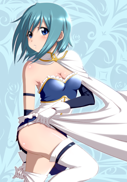 Anime picture 1050x1500 with mahou shoujo madoka magica shaft (studio) miki sayaka cake (nico seiga) single tall image blush short hair blue eyes bare shoulders blue hair girl thighhighs gloves white thighhighs elbow gloves